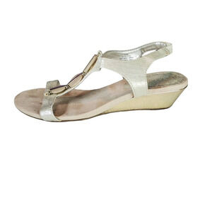 Anne Klein Womens T Strap Sandals Wedge Heels Ivory Embellished Slingback 6.5 M